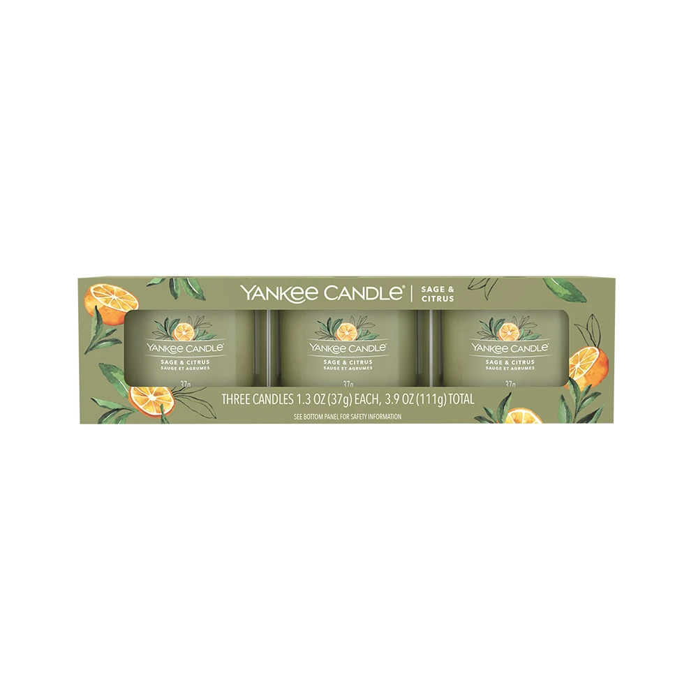 Yankee Candle Signature 3 Candele Votive In Vetro Sage & Citrus 10 Ore Cad. 1 Yankee Candle Signature 3 Candele Votive In Vetro Sage & Citrus 10 Ore Cad.